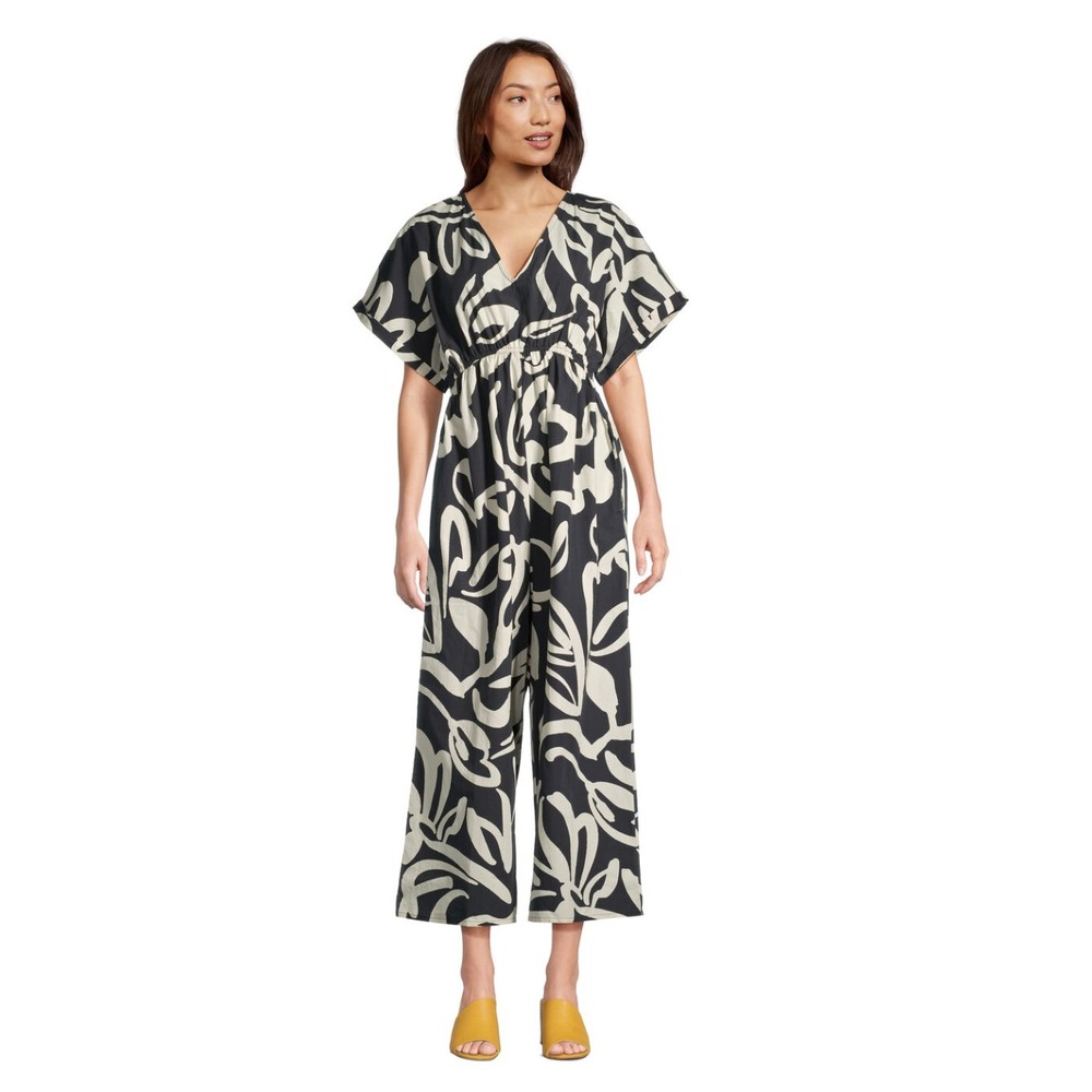 World Market S/M Misha Black and White Cotton Abstract Jumpsuit with Pockets